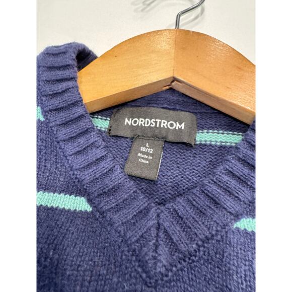 Nordstrom Kids Stripe Cotton Blend V-Neck Sweater Size L 10/12 Navy Mint Green - Picture 4 of 8